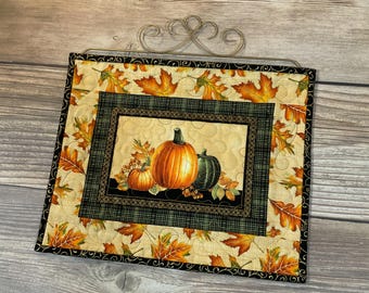 Small Autumn Elegance Pumpkin Quilted Wallhanging with included Hanger, 15" x 15"