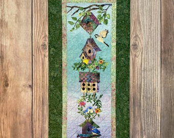 Quilted Hanging Birdhouses Wallhanging, 38" x 17" with Hanging Sleeve and Optional Hanger