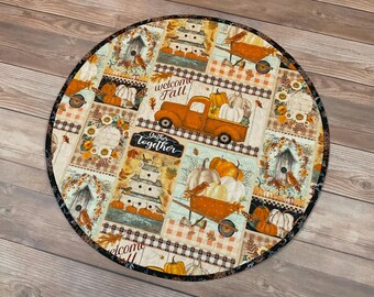 Quilted Reversible Circular Fall Collage Table Center Topper, 19-20"
