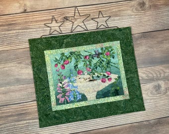 Quilted Shaded Garden Birdbath Wallhanging, 22" x 18.5" with Hanging Sleeve and Optional Hanger