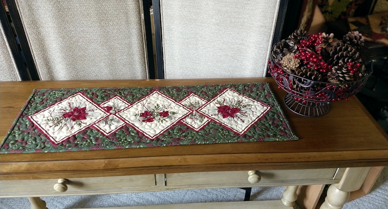 30 x 11 Medium Christmas Focal Print and Poinsettia on Point Quilted Table Runner