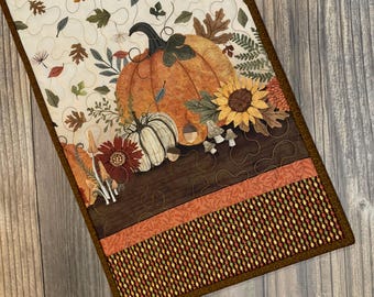Quilted Autumn Homestead Long Narrow Fall Table Runner, 46" x 12"