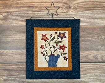 Quilted Flossie's Flowers Small Watering Can Bouquet Wallhanging, 18" x 17" with included Star Hanger