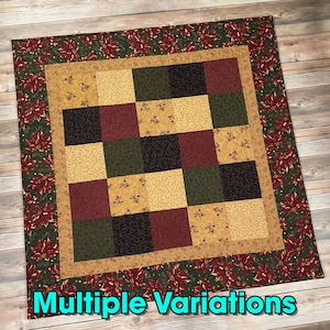 May include: A quilted table runner with a patchwork design featuring squares of red, green, black, and gold fabric. The runner has a border of red poinsettia flowers and green leaves.