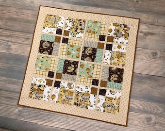 Quilted "Happy Fallidays" Broken Nine-patch Windowpane Table Topper / Wallhanging, 32" square