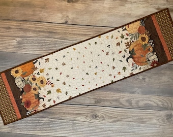 Quilted Autumn Homestead Long Narrow Fall Table Runner, 46" x 12"