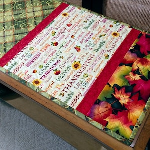 Fall Plaid, Word Print, Falling Leaves Quilted Table Runner, 47.5&quot; x 14&quot;