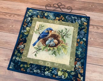 Quilted Small Bluebird Awakening Wallhanging with Hanger, 18" x 14.5"