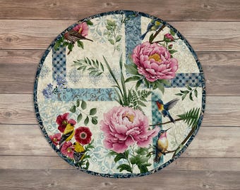 Circular Quilted Reversible Garden Symphony Table Center, 19.5"