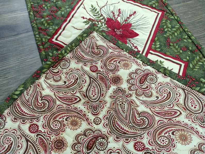 30 x 11 Medium Christmas Focal Print and Poinsettia on Point Quilted Table Runner