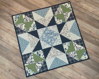 Quilted Broken Nine-Patch Table Topper / Wallhanging with Nantucket Summer Fabric, 24" square