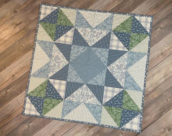 Quilted Broken Nine-Patch Table Topper / Wallhanging with Nantucket Summer Fabric, 24" square