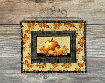 Small Autumn Elegance Pumpkin Quilted Wallhanging with included Hanger, 15" x 15"