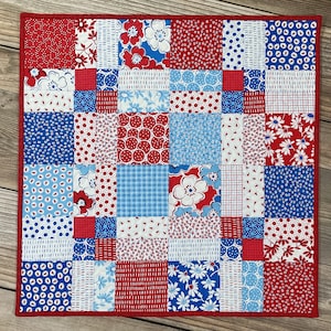 Broken Nine-patch Red White and Blue Quilted Table Topper / Wallhanging, 24&quot; square