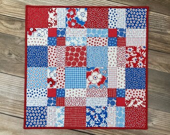 Broken Nine-patch Red White and Blue Quilted Table Topper / Wallhanging, 24" square