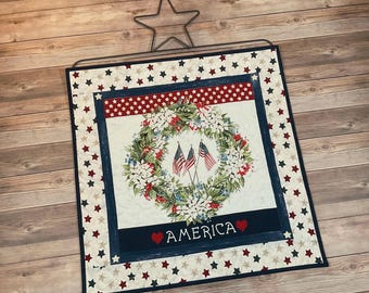 Quilted Medium Farmhouse Americana Wallhanging, 23.5" square with Optional Hanger