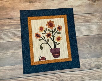 Quilted Flossie's Flowers Small Ladybug and Flower Basket Wallhanging, 20" x 18" with Hanging Sleeve