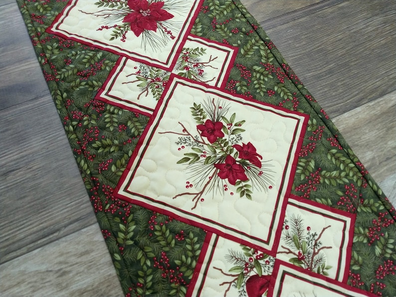 30 x 11 Medium Christmas Focal Print and Poinsettia on Point Quilted Table Runner