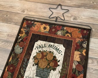 Small Fall Autumn Wallhanging 'Vintage Mums' with Star Hanger, 20" x 13"