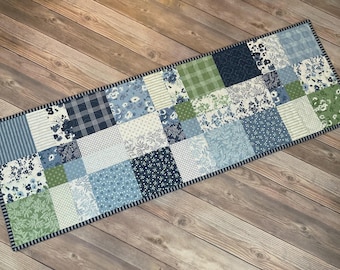 Quilted Broken Nine-Patch Table Runner with Nantucket Summer Fabric, 38" x 13"