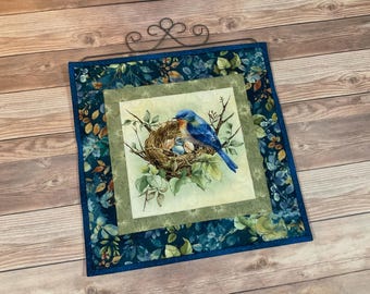 Quilted Small Bluebird Awakening Wallhanging with Hanger, 18" x 14.5"