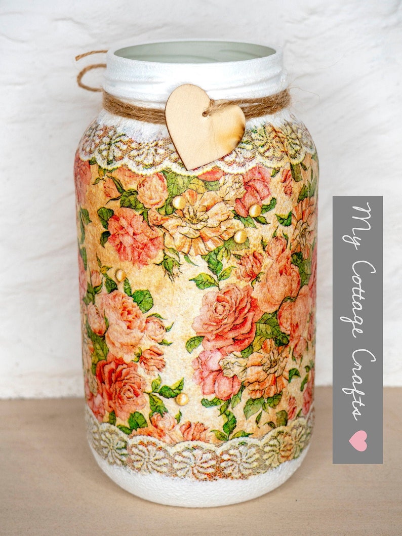 Decoupage Jar Vintage Roses Rose Jar Upcycled Gift for Etsy