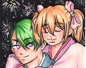 uvres d'art originales Max et Natsume, personnages de feux d'artifice