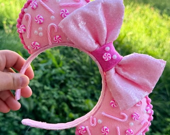 Diadema navideña de Minnie con orejas de menta/bastón de caramelo rosas, hecha a medida.