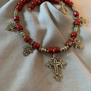 2025 Red Ukrainian Traditional Necklace with Cross Traditional Ethnic Jewelry Necklace of Ceramic Beads Folk Art Unique Gift for Her