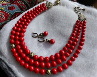 SET Red Necklace + Earrings of Pressed Coral in Ukrainian Tradition, Handmade Beaded Jewelry, Ukrainian Red Jewelry, Folk Art Gift for Woman