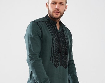 Camisa bordada de lino verde para hombre, traje folklórico ucraniano para hombre, Vyshyvanka tradicional bordada, regalo para él, regalo para esposo