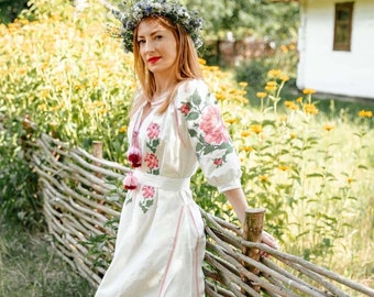 Linen Embroidered Dress with Embroidery Ukrainian Vyshyvanka Dress Dress Kaftan Abaya, Caftan Boho style Christmas Ukrainian dress