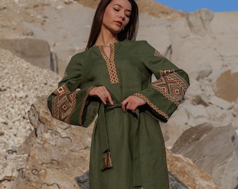 Green Linen Vyshyvanka Dress, Ukrainian Embroidered Dress, Boho Folk Dress, Ukrainian Gift, Wrap Around Dress, Ukrainian Midi Dress in Green