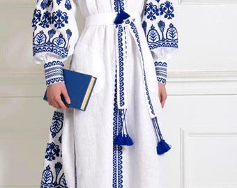 2026New! Linen Embroidered Dress with Embroidery Ukrainian Vyshyvanka Dress Mexican Dress Kaftan Abaya, Caftan Boho style Vita Kin Christmas