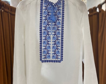 White Linen Shirt with Blue  Embroidery, Ukrainian shirt for men, Men's embroidered Traditional Vyshyvanka, Gift for Him, Husband, Christmas