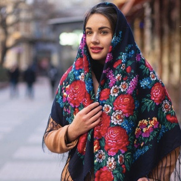 Châle Carré Traditionnel Ukrainien Vintage - Laine Multicolore Avec Pompons - Neuf Sans étiquettes