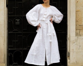 New! White Linen Embroidered Wedding Dress with Embroidery Ukrainian Vyshyvanka Dress Mexican Dress Kaftan Abaya, Caftan Boho style, Gift