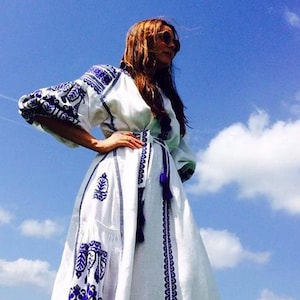 2025New! Linen Embroidered Dress with Embroidery Ukrainian Vyshyvanka Dress Mexican Dress Kaftan Abaya, Caftan Boho style Vita Kin Christmas