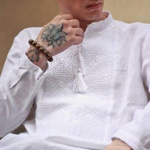 2025 White Linen Shirt, Ukrainian shirt for men, Embroidered shirt, Men&#39;s embroidered shirt, Traditional Vyshyvanka, Gift for Him Husband