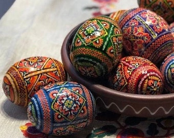 Set 6 Easter wooden eggs, Pysanky Handmade Ukrainian traditional,  Gift Hand painted ornament eggs, Ukraine souvenir and Hand made painting