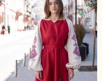 2026 New! Red Linen Embroidered Dress Boho Style Folk Embroidery Ukrainian Vyshyvanka Dress Ethnic Clothing Caftan Folk Costume Gift for Her
