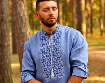 2026 ukrainsk herrskjorta. Linneskjorta, broderad herrskjorta. Ukrainsk vyshyvanka. Traditionella ukrainska skjortor. Julklapp.