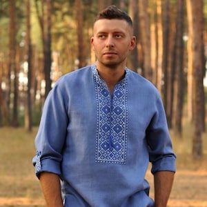 2025 Blue Ukrainian shirt for men. Linen shirt, Men&#39;s embroidered. Ukrainian vyshyvanka. Traditional Ukrainian shirts Gift  for Easter