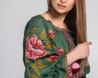 Blusa verde de manga larga, blusa verde con bordado rojo, ropa ucraniana para mujer, blusa elegante de lino, blusa bordada para mujer