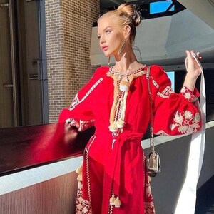 2025 New! Red Linen Embroidered Dress with Embroidery Ukrainian Vyshyvanka Dress Mexican Dress Kaftan Abaya, Caftan Boho style, Gift for Her