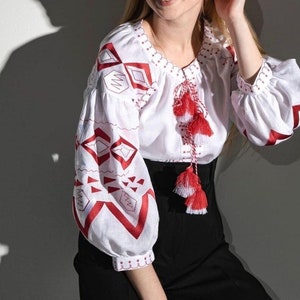 White Blouse with Red Embroidered, Women Linen Blouse, Embroidered shirt, White Linen Blouse for Woman, Minimalist White Linen Clothing