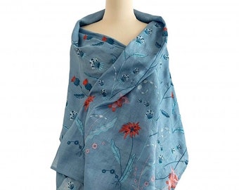 Blue Linen Shawl for Women, Embroidered Ukrainian Shawl with Floral Design, Perfect Gift for Girl or Mom, Beautiful Scarf Flower Pattern