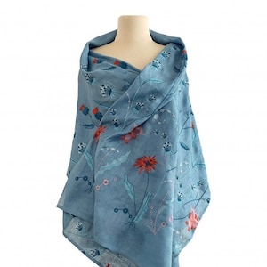 Blue Linen Shawl for Women, Embroidered Ukrainian Shawl with Floral Design, Perfect Gift for Girl or Mom, Beautiful Scarf Flower Pattern