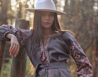 Gray Elegant Dress Linen Embroidered Dress, Ukrainian Traditional Long Sleeve Dress, Women Dress, Handmade Linen Dress With Embroidered