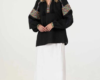 Black Ukrainian Vyshyvanka Blouse Ukrainian Embroidered Blouse Vyshyvanka Bohemian Ethnic Shirt Boho Chic Peasant Folk Art Gift for Her